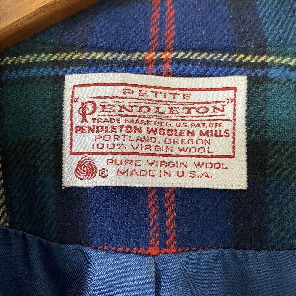 Vintage Pendleton Blazer Jacket Womens 14 Petite Green Tartan Wool Check Preppy - Picture 8 of 9